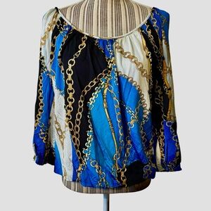 Cache Blouse Large Blue Black Gold Chain Print Open Shoulder Ties Elastic Waist